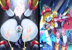 >_o 2girls ^^^ android anus black_leotard blonde_hair blue_eyes blue_sclera blue_skin breasts censored clothing_aside colored_sclera colored_skin crown cum cum_in_pussy dia-stage heart heart_censor idol joints leotard leotard_aside looking_at_viewer medabots medarot medium_breasts multiple_girls nipples one_eye_closed outstretched_arms parms pochincoff public_use pussy robot robot_joints sex solo_focus spread_arms spread_pussy stage stuck through_wall topless trembling triangular_anus vaginal_penetration