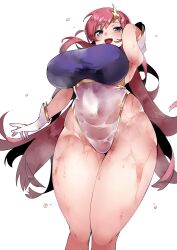 1girls absurd_res clothing erect_nipples female female_only gloves gundam gundam_seed gundam_seed_destiny hi_res kobo_(cobo_0609) leotard long_hair looking_at_viewer meer_campbell nipple_bulge nipples solo thighs wet wet_clothes white_background wide_hips