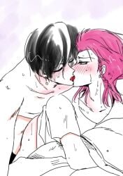 2boys anal black_hair blush bottomless braid celio_(artist) clothed_sex danganronpa danganronpa_2:_goodbye_despair doggy_style french_kiss gay gundham_tanaka hair_between_eyes half-closed_eyes kazuichi_souda kissing male male/male male_only medium_hair pale_skin pink_eyes pink_hair short_hair smooth_skin sweat tongue_kiss two_tone_hair white_hair yaoi