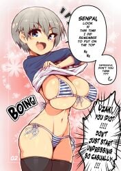 bikini blue_eyes breasts casual_exposure english english_text female grey_hair highres large_breasts meme_attire oerba_yun_fang sakurai_shinichi shirt skin_fang smug solo sugoi_dekai sweat swimsuit uzaki-chan_wa_asobitai! uzaki_hana virus-g