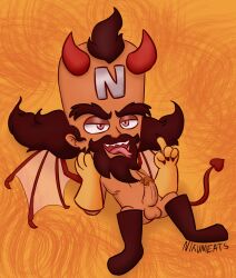 1boy balls beard crash_(series) demon doctor_neo_cortex erect_penis erection gloves horn human male male_only n_in_head neo_cortex nikumeats nipples penis solo spread_legs tail tongue_out video_games wings