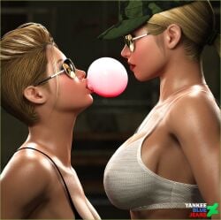 2girls 3d artist_name aviator_sunglasses bare_shoulders blonde_hair breasts bubble_gum cassie_cage earrings female female_only hat lipstick long_hair looking_at_another military_hat mortal_kombat mortal_kombat_x mother_and_daughter short_hair sonya_blade sunglasses tank_top tinted_eyewear yankeebluejeans