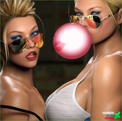 2girls 3d artist_name aviator_sunglasses bare_shoulders blonde_hair blue_eyes breasts bubble_gum cassie_cage cleavage earrings eyeshadow female female_focus female_only hat incest kiss_mark lipstick long_hair looking_at_viewer looking_over_eyewear looking_over_glasses looking_over_sunglasses makeup mortal_kombat mortal_kombat_x mother_and_daughter open_mouth ponytail short_hair sonya_blade sunglasses tank_top teeth tied_hair tinted_eyewear tongue undressing yankeebluejeans yellow-tinted_eyewear yuri