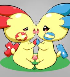 balls blush bodily_fluids brown_eyes duo feral french_kissing frottage genital_fluids genitals gloves_(marking) grey_background hand_holding kissing male male/male markings minun nintendo penis plusle pokémon_(species) pokemon pokemon_(species) precum sanusanu sex signature simple_background video_games yellow_body