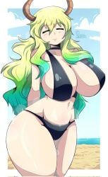 1girls alvarodibujill1 beach big_ass big_breasts big_butt bikini breasts breasts_bigger_than_head enormous_ass enormous_breasts female female_only gigantic_ass gigantic_breasts green_hair horns hourglass_figure huge_ass huge_breasts large_breasts long_hair looking_at_viewer massive_ass massive_breasts miss_kobayashi's_dragon_maid quetzalcoatl_(dragon_maid) swimsuit thick_thighs