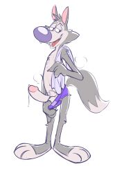 absurd_res anthro barefoot bodily_fluids briefs canid canine canis chip_the_wolf clothed clothing clothing_pull cookie_crisp cum feet fur genital_fluids genitals grey_body grey_fur half-closed_eyes hi_res male male_only mammal markydraws narrowed_eyes penis purple_briefs simple_background smile solo steam tan_body tan_fur teeth_showing tongue_showing toony topless towel underwear underwear_only underwear_pull white_background wolf