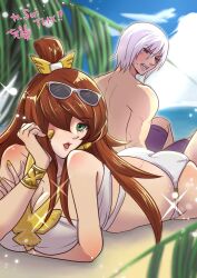 adult age_difference arm_rest arm_support arm_under_breasts bare_legs bare_shoulders bare_thighs beach being_watched big_breasts bikini blush bracelet breasts brown_eyes brown_hair busty clenched_teeth endured_face female hair_over_one_eye hozuki_suigetsu huge_breasts lipstick looking_at_partner looking_at_viewer looking_back makeup male mature mature_female mei_terumi nail_polish nana0anan naruto naruto_(series) naruto_shippuden older_female open_mouth outdoors purple_eyes seductive seductive_eyes seductive_look seductive_mouth sharp_teeth shirtless shirtless_(male) shorts sunglasses sunglasses_on_head swimsuit teenager tied_hair voluptuous white_hair