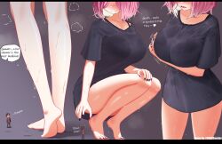 1boy 1girls big_breasts black_nails cradling giantess heart huge_breasts iwillsunder larger_female obscured_eyes original pantsless pink_hair rhea_sunder_(iwillsunder) size_difference smaller_male steaming_body text wet_clothes