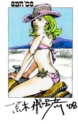 1girls cowboy_hat green_eyes green_hair hirohiko_araki jojo's_bizarre_adventure lucy_steel official_art pink_underwear pinup steel_ball_run