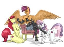 accessory aged_up all_fours anthro apple_bloom_(mlp) baron_engel bdsm big_breasts bondage boot_licking breasts chain_leash chains chair clothed clothed/nude clothed_female_nude_female clothing collar colored crossed_legs cutie_mark dominant dominant_female earth_pony equid equine eye_contact female female/female female_dominating_female femdom femsub friendship_is_magic furgonomics furniture gloves group hair_accessory hair_on_head hair_ribbon hairbow hasbro holding_leash horn horse kneeling leash leash_and_collar leather legwear licking_leg looking_at_another mammal my_little_pony nipples nude open_mouth pegasus pony ribbons scootaloo_(mlp) spread_wings submissive submissive_anthro submissive_female sweetie_belle_(mlp) tail_accessory thigh_highs tongue tongue_out traditional_media_(artwork) trio unicorn wings