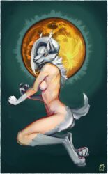 absurd_res anthro ass breasts canid canine canis circumjacentity claws digital_media_(artwork) digital_painting_(artwork) female green_background hi_res inner_ear_fluff looking_at_viewer mammal mid_transformation moon pinup pose side_boob signature simple_background solo tail_tuft transformation tuft were werecanid werecanine werewolf wolf yellow_eyes