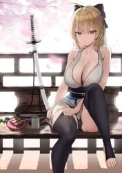 ahoge bare_shoulders barefoot big_ass big_breasts blonde_hair cherry_blossoms cleavage curvy dango fate/grand_order fate_(series) food hair hair_ornament highres hourglass_figure huge_ass huge_breasts katana kimono kimono_down large_ass large_breasts legwear looking_at_viewer okita_souji_(fate) okita_souji_(fate)_(all) oshu1018 public revealing_clothes ribbon round_breasts sash sitting thick_ass thick_thighs toes undressing vaginal_penetration voluptuous yellow_eyes