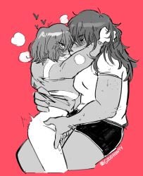 2girls anthro aroused black_shorts bottomless deltarune female female/female female_anthro female_human female_human/female_anthro female_only fingering fully_clothed goodhunty hand_on_hip hands_around_neck heart hi_res high_resolution highres human human_on_anthro kris_(deltarune) kris_female_(deltarune) lesbian_sex long_hair looking_at_another looking_at_partner looking_pleasured multiple_girls petite red_background snout susie_(deltarune) yuri