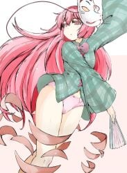 bow_panties cameltoe fan hata_no_kokoro long_hair mask mepikari navel no_pants panties pink_eyes pink_hair pink_panties plaid_panties print_panties standing tagme thighs touhou