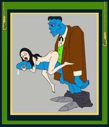 1boy 1girls black_hair blue_body clothed clothed_male_nude_female enormous_penis eyes_closed female garrbatch-man human larger_male licking licking_penis lurch male morticia_addams noose pants_around_ankles penis_hug precum size_difference smaller_female stitches suit the_addams_family tongue_out