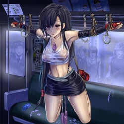 after_rape after_sex armpits beltskirt black_hair black_skirt blush bondage bound breasts broken_rape_victim brown_eyes cleavage cum defeated female female_focus femsub final_fantasy final_fantasy_vii frogtie grabbing helpless highres humiliation large_breasts long_hair male midriff mind_break monikano multiple_vibrators nipples no_bra open_mouth panties pokies public_humiliation pussy_juice restrained revealing_clothes rope see-through skirt square_enix suspension sweat tank_top tears tifa_lockhart train underwear used_condom vibrator wet_shirt