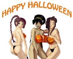 3girls ass avatar_the_last_airbender body_paint breasts female female_only halloween human jin_(avatar) large_breasts morganagod multiple_girls nickelodeon paint_on_breasts panties pumpkin_boobs straight_hair thong toph_bei_fong ty_lee