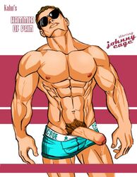 1boy 2d abs brown_hair erection johnny_cage kaeworld male male_nipples male_only mortal_kombat movie_poster penis penis_out precum_drip shorts_down solo sunglasses tagme uncut