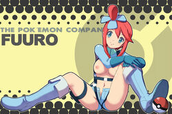 1girls areolae ass bee-j1 blue_eyes boots breasts eyelashes female female_only gloves human long_hair looking_at_viewer makoto_daikichi navel nipples poke_ball pokemon pokemon_bw pubic_hair red_hair shirt shirt_lift shorts sitting skyla_(pokemon) smile solo suspenders text unzipped_shorts yellow_background