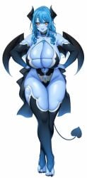 1girls 2023 big_breasts black_legwear black_sclera black_toenails blue_hair blue_skin blush demon demon_girl demon_horns demon_tail demon_wings female female_only gauntlets hands_on_hips horns legwear leotard long_hair looking_at_viewer original sharp_toenails smiling smiling_at_viewer solo succubus succubus_horns succubus_tail suruga_(xsurugax) tail thick_thighs toeless_legwear very_high_resolution white_background wings yellow_eyes