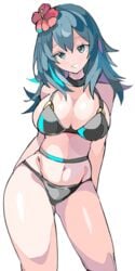 1girls 2021 alternate_costume bare_legs bikini black_bikini black_swimsuit blue_eyes blue_hair breasts byleth_(fire_emblem) byleth_(fire_emblem)_(female) enpe female female_only fire_emblem fire_emblem:_three_houses fire_emblem_heroes flower_hair_ornament flower_in_hair hair_ornament hips huge_breasts large_breasts light-skinned_female light_skin long_hair looking_at_viewer medium_hair nintendo sideboob simple_background slim_waist smile solo swimsuit teal_eyes teal_hair thick_thighs thighs white_background wide_hips