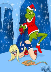 1boy 1girls ass balls big_breasts bondage breasts courtney_whitmore crossover curvy dat_ass dc dr_seuss exposed_breasts female female_focus how_the_grinch_stole_christmas imminent_rape male maledom navel nipples nude nudity online_superheroes penis santa_costume santa_hat stargirl straight the_grinch tied_up