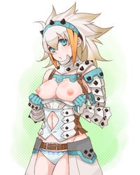 armor barioth_(armor) blue_eyes breasts capcom monster_hunter monster_hunter_3 nipples presenting_breasts white_hair