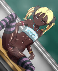 armpit_hair blonde_hair censored chalkboard dark_skin female flat_chest ganguro gyaru hairy_pits kuro_gyaru mega_w mosaic_censoring presenting presenting_pussy pubic_hair pussy shirai_kuroko small_breasts solo_female spread_legs spread_pussy tagme to_aru_kagaku_no_railgun to_aru_majutsu_no_index young