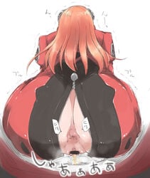 aida_rayhunton anus ass bodysuit censored dat_ass female gundam gundam_g_no_reconguista long_hair mikagami_sou open_clothes peeing pussy red_hair sitting solo trembling zipper