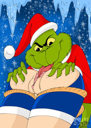 1boy 1girls ass ass_grab courtney_whitmore crossover cunnilingus dat_ass dc dr_seuss female female_focus how_the_grinch_stole_christmas interspecies male nude nudity online_superheroes pussy rape reverse_forced_oral santa_costume santa_hat stargirl straight the_grinch vulva