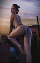 1girls 3d 3d_(artwork) armwear ass back back_view barefoot big_ass big_butt breasts brown_eyes brown_hair butt casual clothing daisy_ridley desert exposed_pussy eyebrows feet female female_only fugtrup hair hair_bun human kneeling light-skinned_female looking_at_viewer looking_back mostly_nude no_panties outdoors outside pale-skinned_female pale_skin partially_clothed pussy rear_view rey seductive sideboob sky small_breasts soles solo solo_female speeder_bike staff standing standing_on_one_leg star_wars thighs toes vagina vehicle