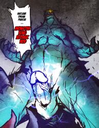 2014 absurd_res anthro asphyxiation balls choking comic dialogue electricity english_text erection genitals godzilla godzilla_(series) hi_res jacketbear lizard low-angle_view macro male monsterverse open_mouth penis reptile scalie smoke solo teeth text toho translated