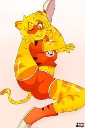 cartoon_network female_only g-lo_(villainous) leg_up navel orange_shirt orange_shoes orange_shorts saifernsfw stretching tiger_costume tiger_ears tiger_stripes tiger_tail transparent_body villainous winking_at_viewer