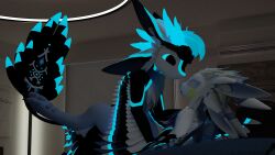 4_ears absurd_res anthro apartment avali avali_(original) bedroom blender_(software) blue_eyes dominant dominant_male duo eyewear eyewear_on_head feathers female glowing glowing_eyes glowing_markings goggles goggles_on_head hi_res kodai_(locoroo) locoroo male male/female markings multi_ear romantic sex