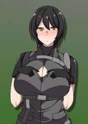 alex_hendrickson belt black_hair blush bodysuit breakdown breasts brown_eyes cleavage cleavage_cutout embarrassed female female_only gloves large_breasts looking_at_viewer military_clothing military_uniform paizuri_invitation pouch ripped_clothing short_hair short_sleeves suitakaoka suspenders takaoka_ryou torn_clothes torn_clothing vest