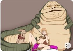 1girls amber_eyes belly_button bikini bikini_bottom bikini_top blush boots bracelet brown_bikini_top chain_leash chains clenched_teeth closed_eyes collar crossover ginger_hair girl gold_bracelet gold_collar golden_bracelet hutt jabba_the_hutt light_blush loincloth lotharhutt lotharhutt_(artist) metal_bikini metal_collar midriff navel pink_loincloth prisoner sex_slave slave slave_bikini slave_collar slave_leia_(cosplay) slave_outfit slavegirl star_wars struggling sword_art_online thick_thighs thighs yuuki_asuna