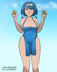 apron_only big_breasts blue_eyes blue_hair breasts female itzcoatl lana's_mother_(pokemon) milf mob_face naked_apron nintendo pokemon pokemon_sm solo_female