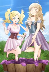 2girls alternate_costume bare_legs bare_shoulders barefoot blonde_hair blue_eyes breasts cleavage dress eyes_closed female female_only fire_emblem fire_emblem_awakening fire_emblem_fates grandmother_and_granddaughter grape_stomping grapes lifted_by_self lissa_(fire_emblem) long_hair medium_breasts medium_hair multiple_girls nintendo open_mouth ophelia_(fire_emblem) outdoors skirt_lift sleeptopi small_breasts smile twintails