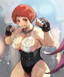 adapted_costume bare_arms bare_shoulders boxing boxing_gloves breasts catfight clothed female fight fingerless_gloves fire_emblem fire_emblem:_three_houses garreg_mach_monastery_uniform gloves highres jewelry large_breasts leonie_pinelli leotard light looking_at_viewer male_underwear muscular muscular_female necklace norbon red_eyes red_hair revealing_clothes scar scar_on_face short_hair smile solo underwear