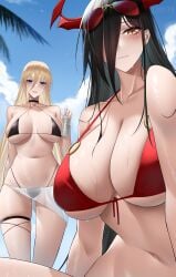 2022 2girls absurd_res azur_lane beach bikini bismarck_(azur_lane) black_bikini black_hair blonde_hair blue_eyes blush breasts female female_only friedrich_der_grosse_(azur_lane) hair_over_one_eye hips horns huge_breasts larger_bmx long_hair looking_at_viewer outdoors red_bikini slim_waist sunglasses sunglasses_on_head thick_thighs thighs wide_hips yellow_eyes