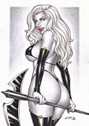 ass big_boobs black_bra black_makeup black_nail_polish black_nails black_thong bra breasts bubble_butt carlos_braga chaos_comics coffin_comics death_(personification) detached_sleeves divine_slut ed_benes_studio female female_ass female_only fit_female goddess grim_reaper highleg highleg_thong holding_object holding_scythe holding_weapon lady_death large_breasts long_hair looking_at_viewer looking_back makeup nail_polish no_pupils queen_of_the_dead red_lips scythe seductive_eyes seductive_look seductive_smile sideboob thighs thighs_together thong weapon white_hair white_skin