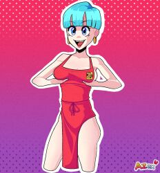 apron_only azex blue_eyes blue_hair breast_squeeze bulma_briefs dragon_ball dragon_ball_super dragon_ball_z female naked_apron short_hair sole_female