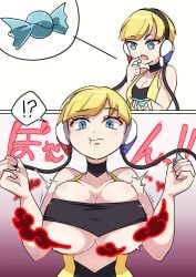 1girls alternate_breast_size artist_request bad_censor big_breasts blue_eyes breast_expansion covering elesa_(pokemon) elesa_(pokemon_bw) huge_breasts nintendo overflowing_breasts pokemon pokemon_bw rare_candy