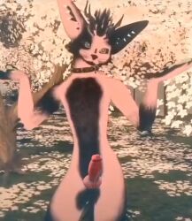 3d adfdaf anthro black_body black_fur collar collar_only detailed_background digital_media_(artwork) exhibitionism exposed extasov2 fur genitals male nude park penis pink_body plant public public_nudity rexouium screenshot_edit solo tiktok tree