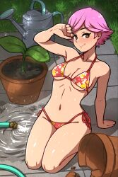 1girls akairiot animal_crossing animal_crossing_girl bikini hi_res highres hose nintendo only_player outdoors outside pink_hair potted_plant puddle short_hair solo solo_female swimsuit villager_(animal_crossing) watering_can wet