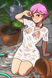 1girls akairiot animal_crossing animal_crossing_girl bikini hi_res highres hose nintendo only_player outdoors outside pink_hair potted_plant puddle see-through see-through_clothing short_hair solo solo_female swimsuit villager_(animal_crossing) watering_can wet wet_clothes