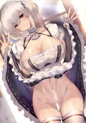 1girls 2022 azur_lane bottomless bottomless_female breasts bukkake cleavage cum cum_on_clothes dress_lift female female_only hips huge_breasts light-skinned_female light_skin maid maid_outfit maid_uniform red_eyes royal_navy_(azur_lane) satou_daiji short_hair sirius_(azur_lane) slim_waist thick_thighs thighhighs thighs white_hair wide_hips