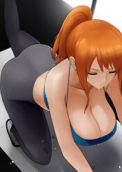 1girls ass big_breasts breasts cleavage closed_eyes curvy curvy_figure dat_ass exercise female female_only gym gym_clothes light-skinned_female long_hair nami one_piece orange_hair ponytail sneakers solo stretching sweat sweating tank_top yoga_pants zakuro176