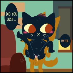 1:1 anthro balls blush bodily_fluids canid canine canis cum cum_in_pussy cum_inside dark_blue_fur digital_media_(artwork) domestic_cat domestic_dog duo english_text felid feline felis female flat_chested genital_fluids genitals gregg_lee hi_res mae_borowski male male/female mammal muffinlewds navel night_in_the_woods nipples nude on_model penetration penis pussy red_eyes sex spread_legs spreading stand_and_carry_position standing standing_sex text vaginal_penetration video_games yellow_fur