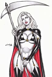 big_boobs black_cape breasts cape carlos_braga chaos_comics coffin_comics death_(personification) ed_benes_studio female female_only goddess grim_reaper holding_object holding_scythe holding_weapon immortal lady_death large_breasts latex_bodysuit latex_gloves latex_stockings latex_thighhighs long_hair multicolored_cape queen_of_the_dead red_cape red_lips scythe skin_tight two-tone_cape weapon white_body white_hair white_skin